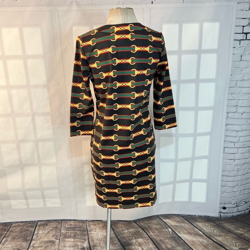Sailor-Sailor black 3/4 sleeve red green striped chain print shift dress size sm - Picture 5 of 9